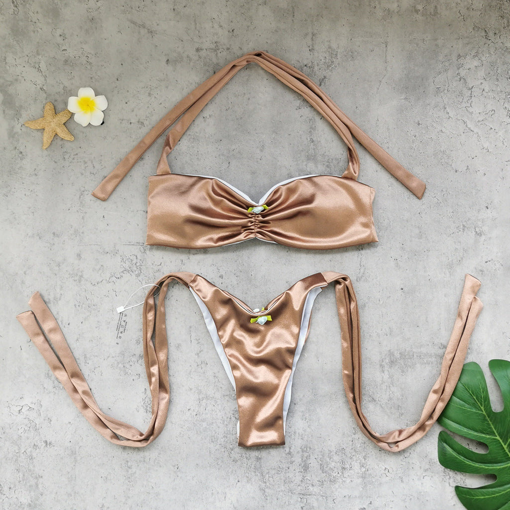 Solid Color Split Swimsuit Women Sexy High Split Lace up Tube Top Bikini