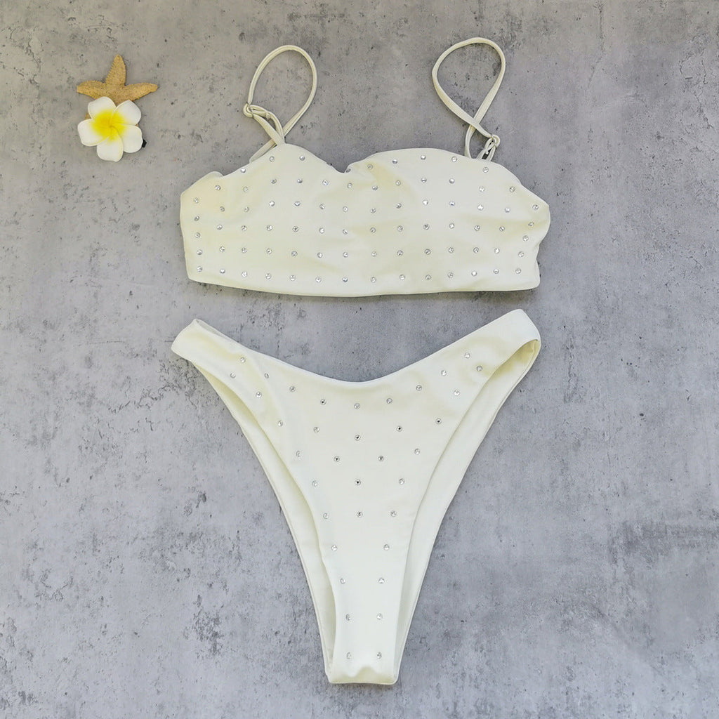 Tube Top with Diamond Solid Color Low Waist Bikini Sexy Split Swimsuit Bikini