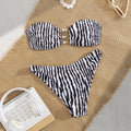 Black White Striped Printed Tube Top Hollow Out Cutout out Split Swimsuit for Women Bikini