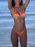 Women Printed Sexy Lace up Backless Beach Gauze Three Piece Split Swimsuit