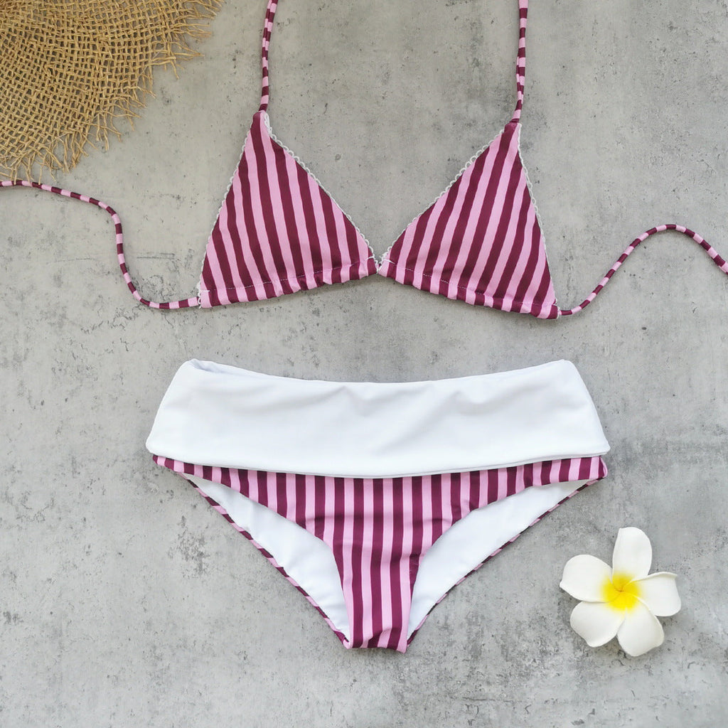 Striped Printed Sexy Backless Lace up Three Point High Waist Bikini Split Swimsuit for Women