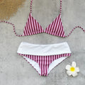 Striped Printed Sexy Backless Lace up Three Point High Waist Bikini Split Swimsuit for Women