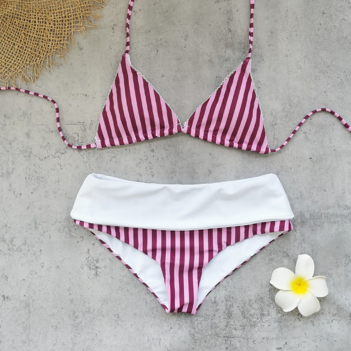 Striped Printed Sexy Backless Lace up Three Point High Waist Bikini Split Swimsuit for Women